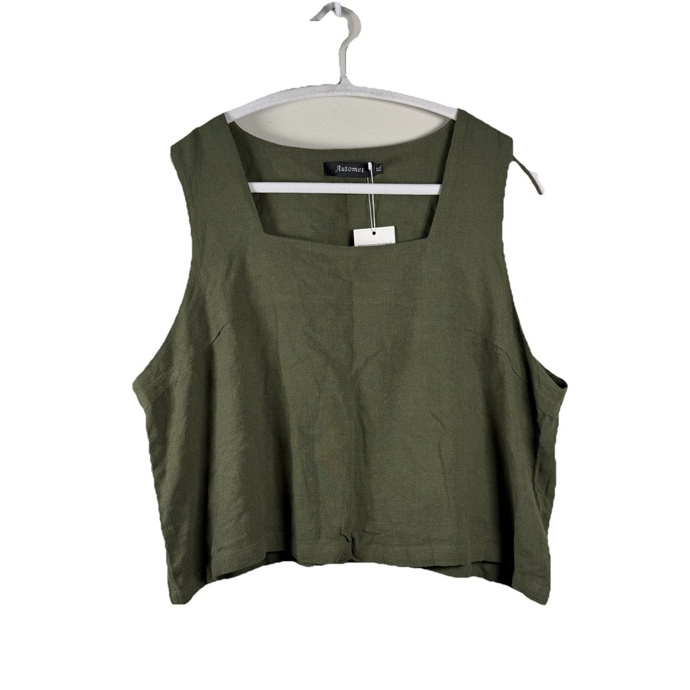New Linen Blend Army Green Crop Tank Top XL Officecore Resortcore Soft Basic Top